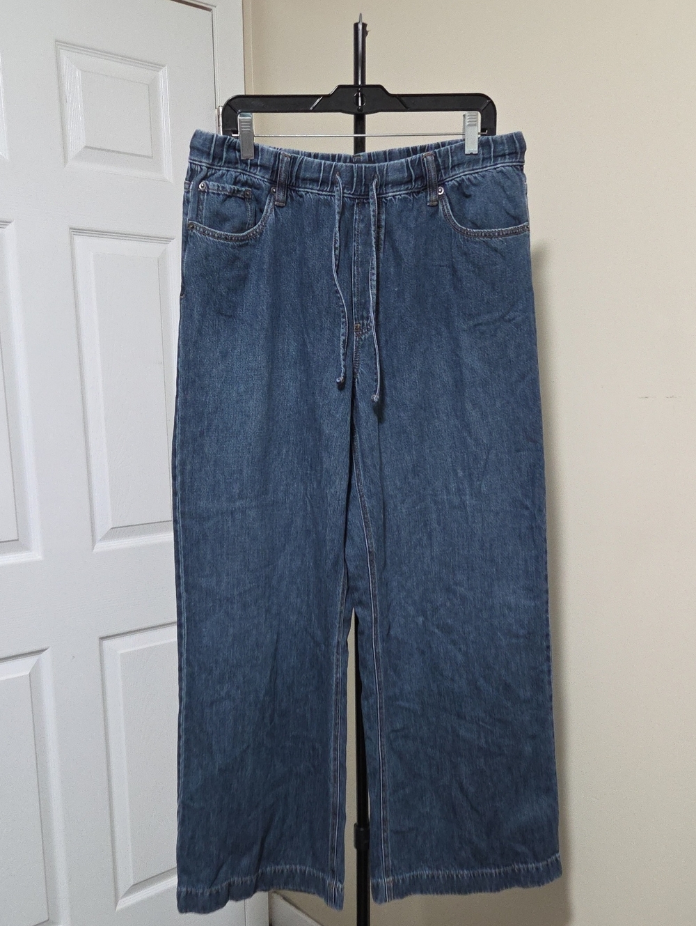 Reitmans 100% Cotton Relaxed Wide-Leg Drawstring Jeans — Blue Denim
